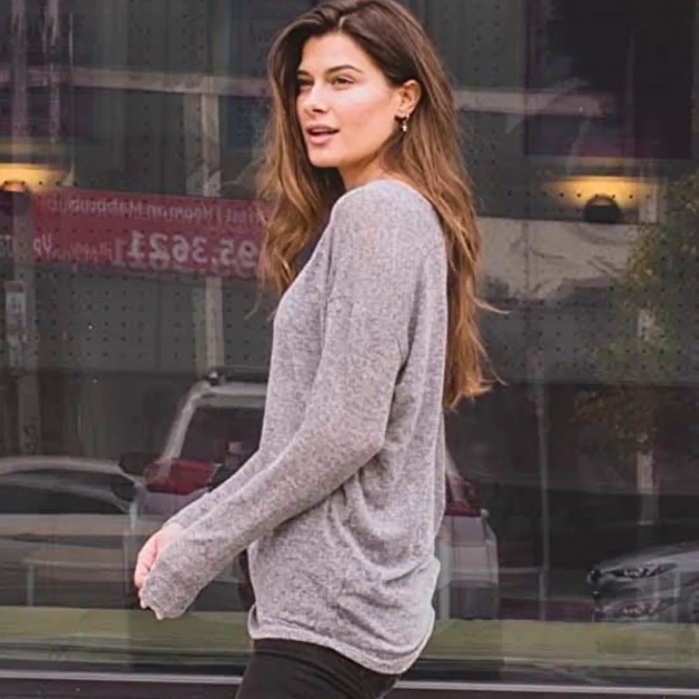 Slouchy Stretchy V Neck Marled Knit Sweater Top - Picture 5 of 10